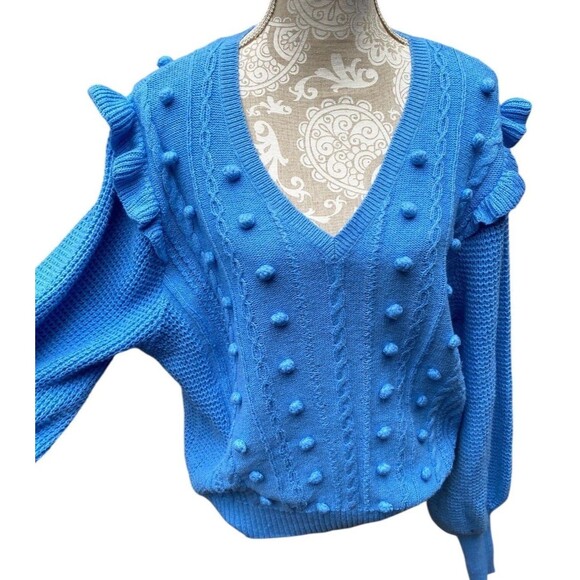 Lilly Pulitzer Greta Size L V-Neck Cable Knit Sweater Blue Boho Feminine Ruffle - Picture 8 of 16
